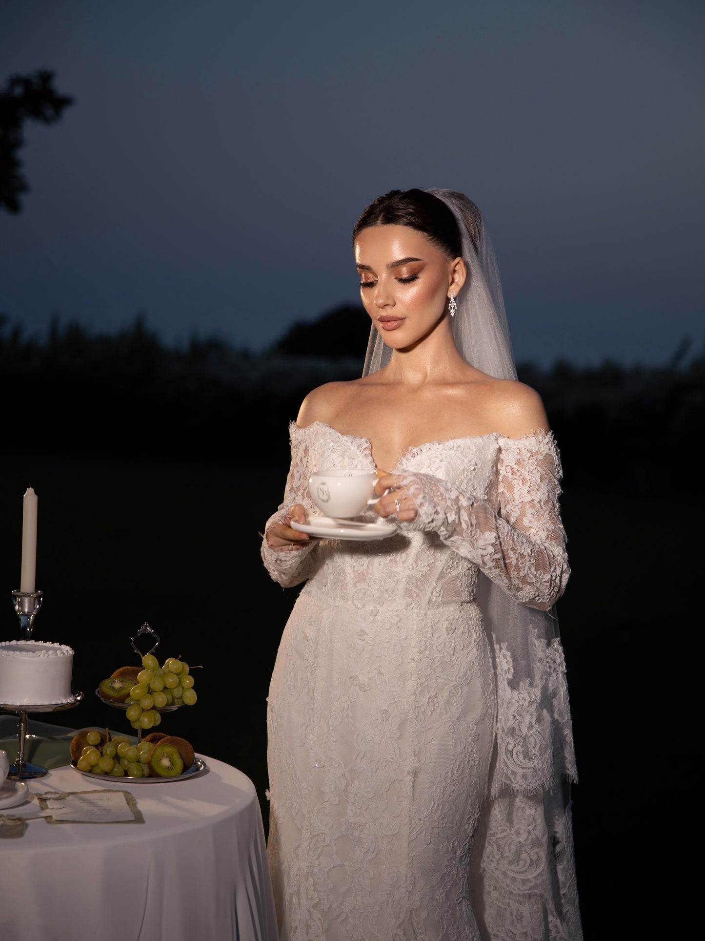 Off-Shoulder Lace Long Sleeve Wedding Gown