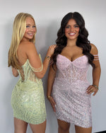 Beaded Pearl Corset Mini Dress with Draped Sleeves