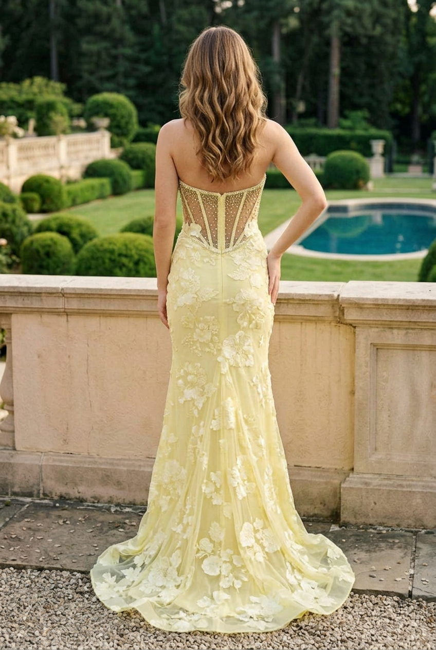 Strapless Corset Gown with Floral Appliques