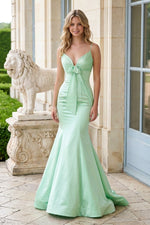 Trumpet Gown with Bow Accent and Spaghetti Straps