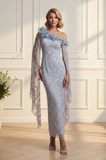 One-Shoulder Embroidered Sheath Gown with Cape Sleeves