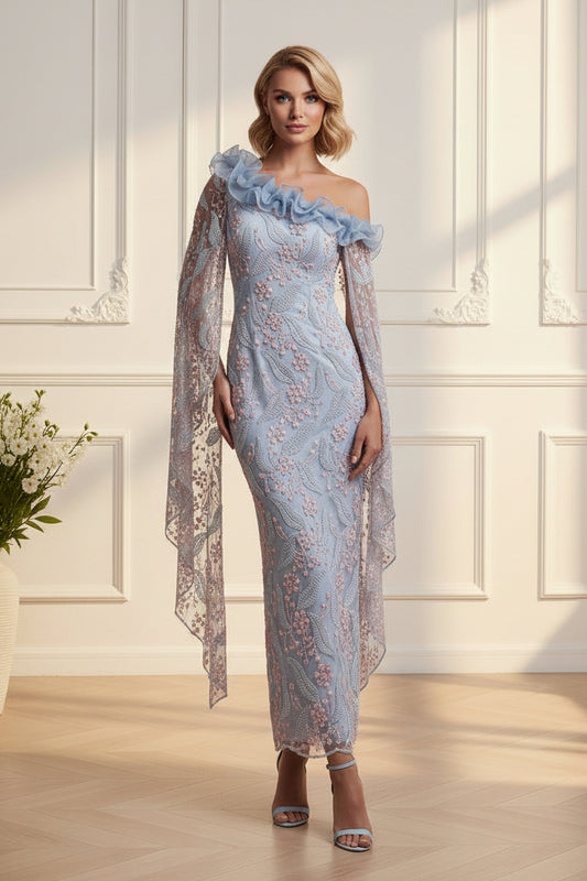 One-Shoulder Embroidered Sheath Gown with Cape Sleeves
