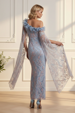 One-Shoulder Embroidered Sheath Gown with Cape Sleeves