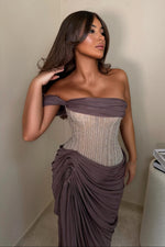 Beaded Corset Draped Slit Evening Gown