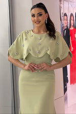 Scalloped Cape Beaded Evening Gown