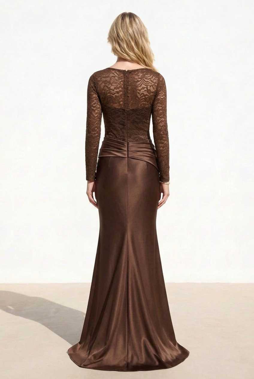Lace Long Sleeve Draped Satin Mermaid Gown