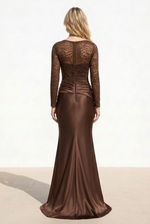 Lace Long Sleeve Draped Satin Mermaid Gown