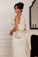 Strapless Floral Applique Gown with Oversized Bow