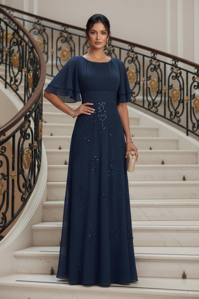 Flutter Sleeve Sequin-Embellished A-Line Gown