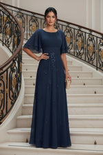 Flutter Sleeve Sequin-Embellished A-Line Gown