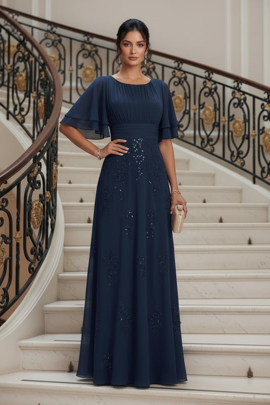 Flutter Sleeve Sequin-Embellished A-Line Gown