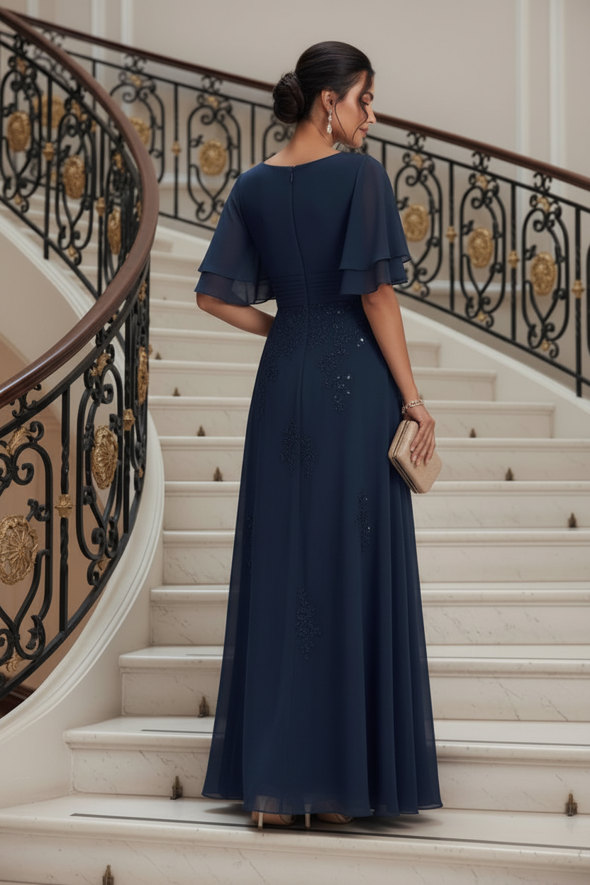 Flutter Sleeve Sequin-Embellished A-Line Gown