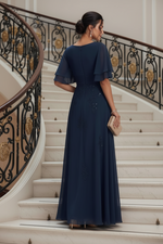 Flutter Sleeve Sequin-Embellished A-Line Gown