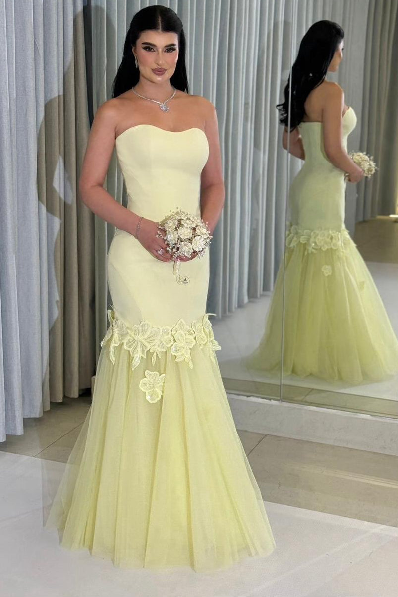 Strapless Mermaid Evening Gown with Lace Applique