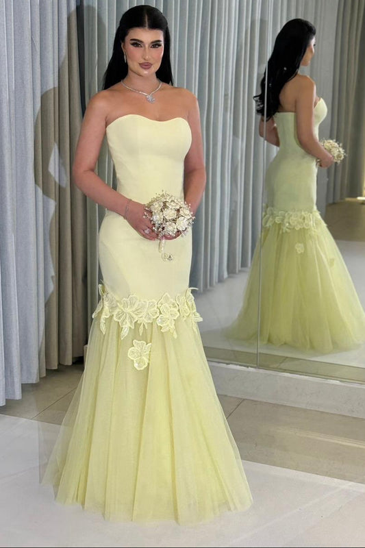 Strapless Mermaid Evening Gown with Lace Applique