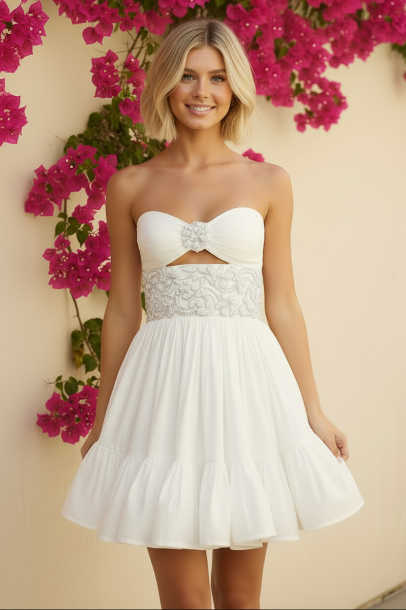 Strapless Cut-Out Mini Dress with Beaded Waistband