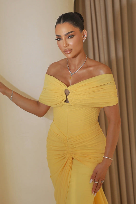 Off-Shoulder Ruched Keyhole Evening Gown