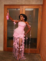 Strapless Beaded Corset Dress with Tassel Fringe