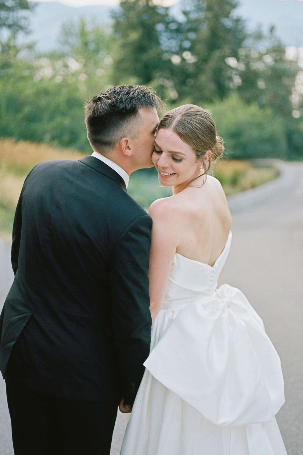 Strapless Ruched Satin A-Line Wedding Dress with Back Bow