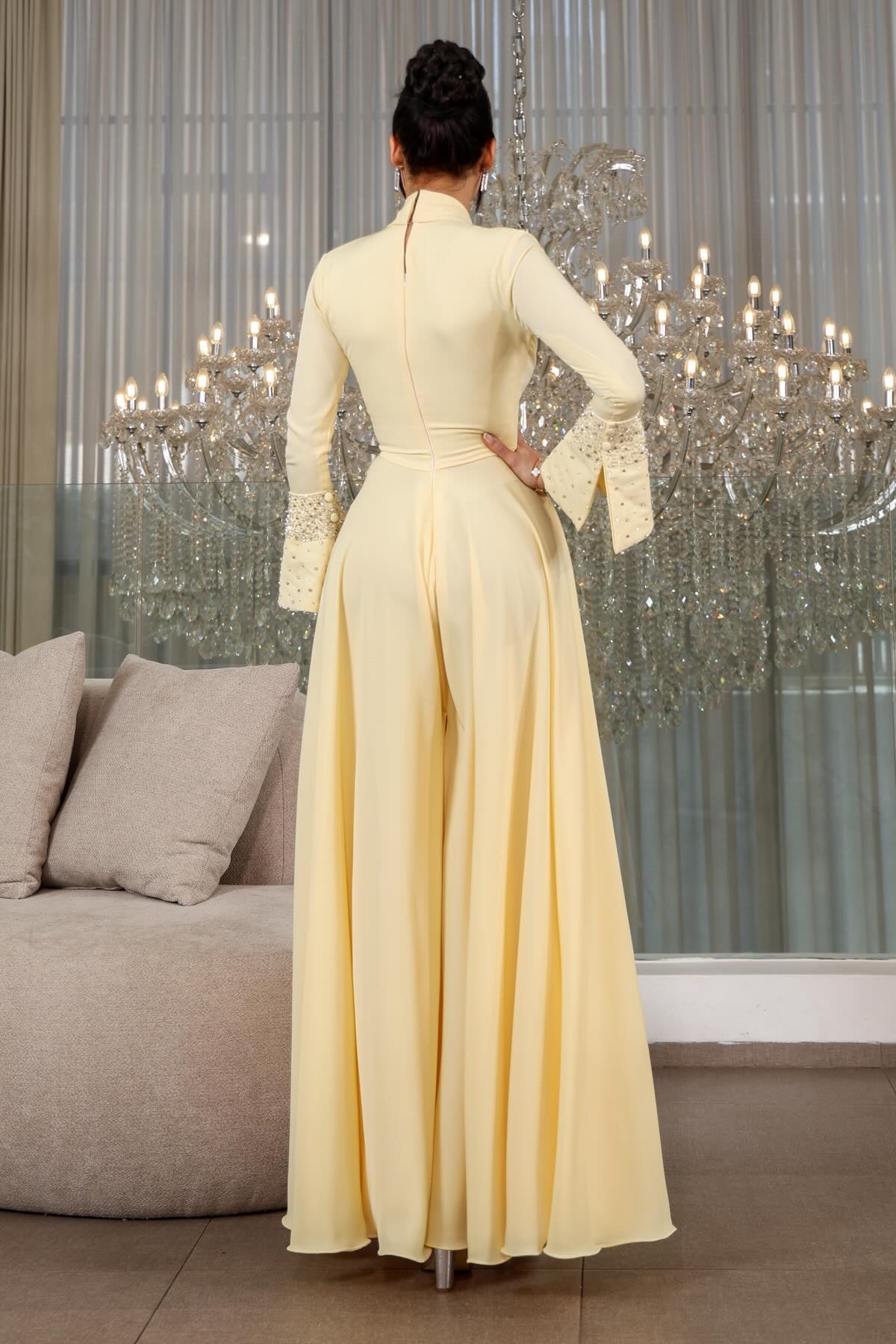 Elegant Embellished Long Sleeve Wide-Leg Jumpsuit