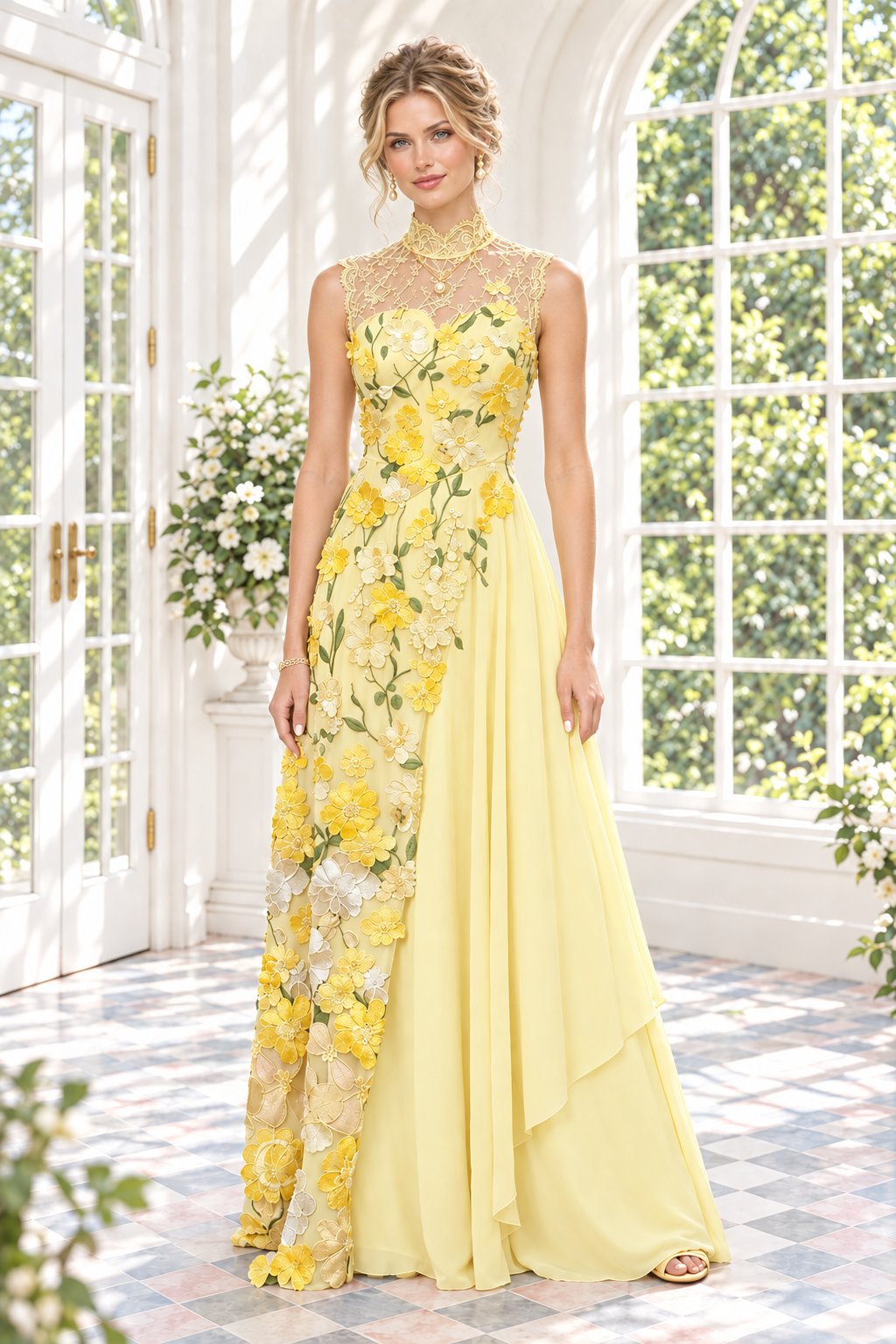 Embroidered Floral High-Neck A-Line Gown