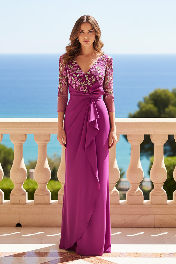 Floral Embroidered Bodice Gown with Cascade Ruffle