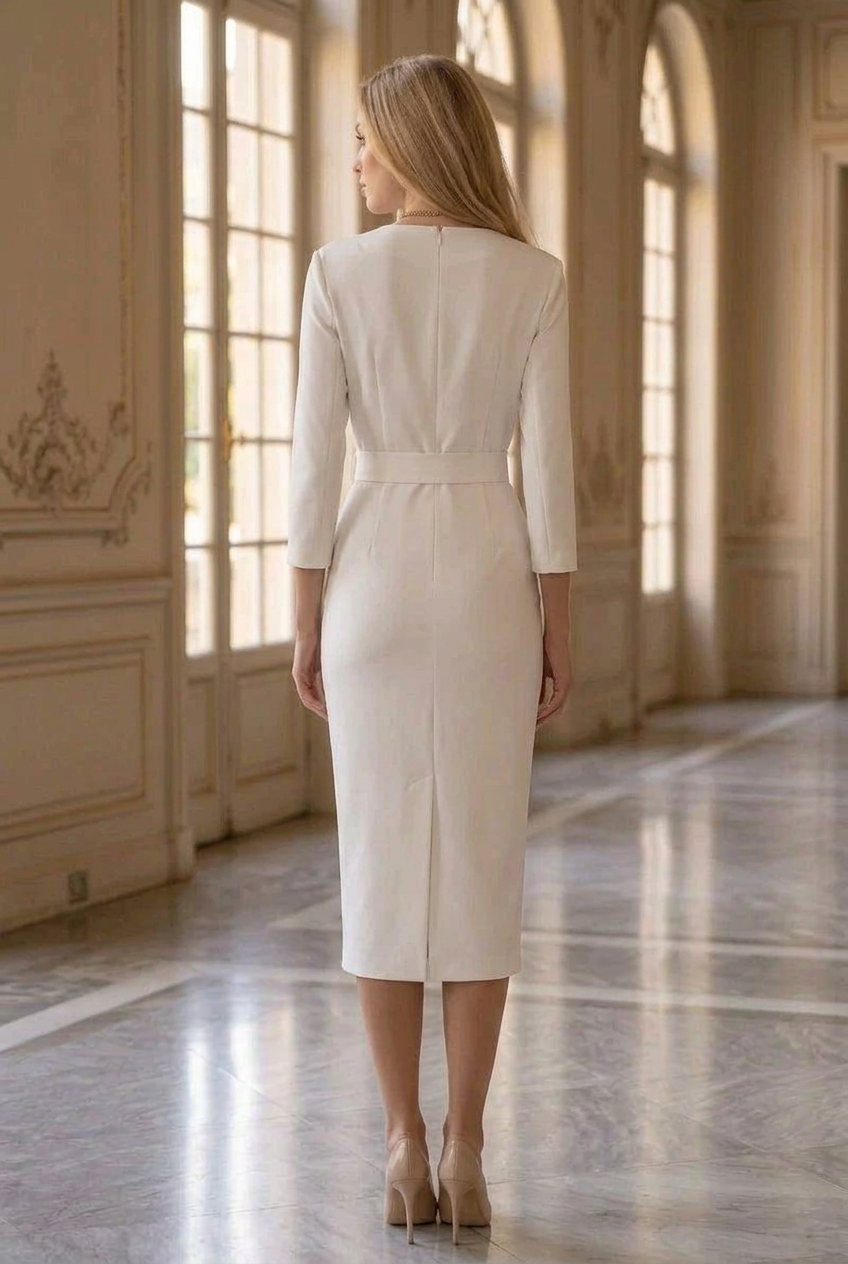 Midi Sheath Dress with Asymmetric Collar & Belt