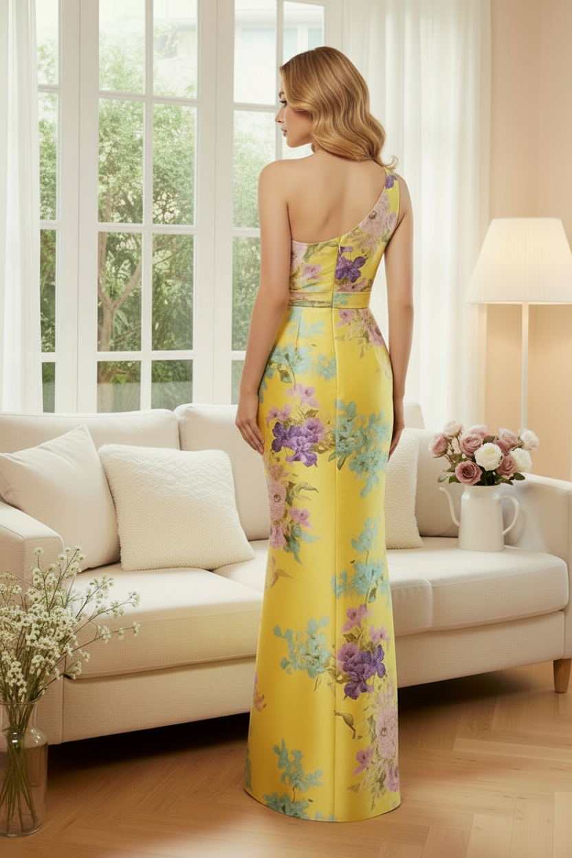 One-Shoulder Floral Column Gown with Bow
