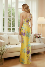 One-Shoulder Floral Column Gown with Bow
