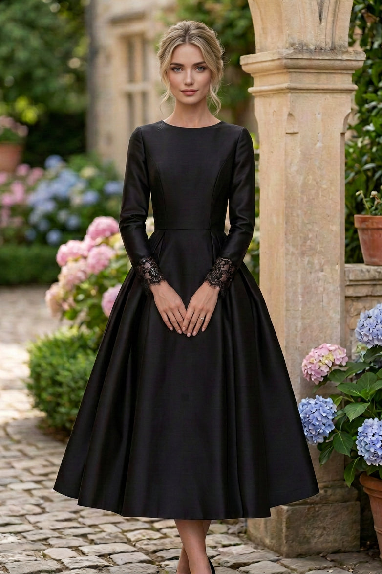 A-Line Satin Midi Dress with Lace Cuffs