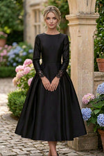 A-Line Satin Midi Dress with Lace Cuffs