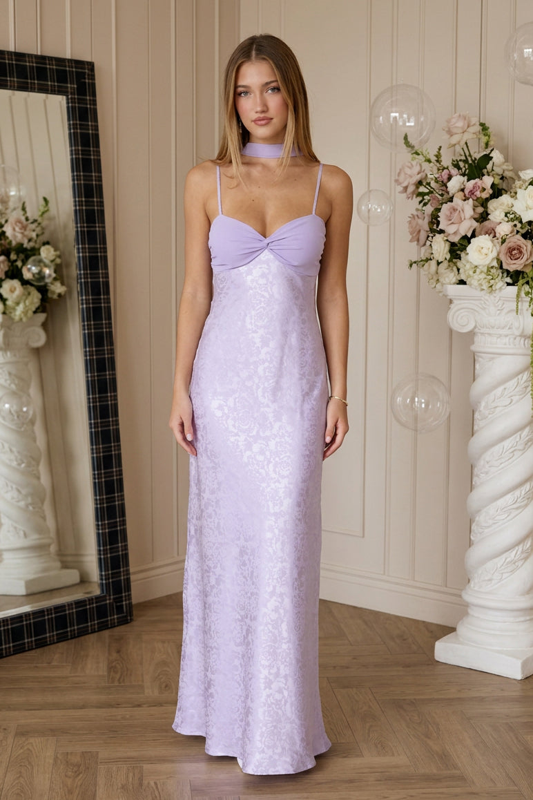 Floral Jacquard Maxi Dress with Neck Scarf