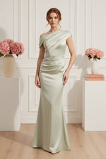 One Shoulder Pleated Satin Evening Gown