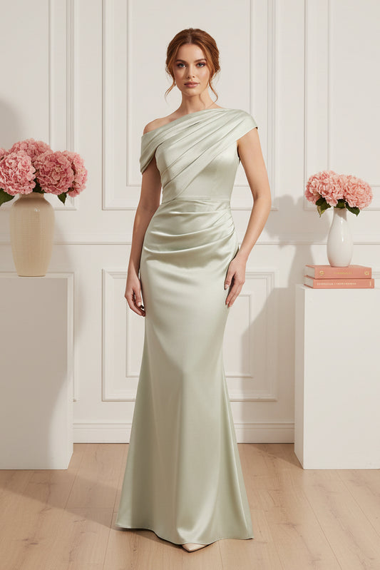 One Shoulder Pleated Satin Evening Gown
