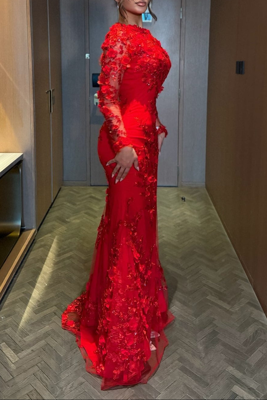Floral Lace Applique Long Sleeve Mermaid Evening Gown
