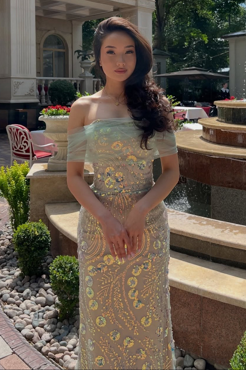 Off-the-Shoulder Sequined Tulle Column Gown