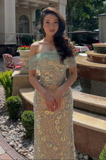 Off-the-Shoulder Sequined Tulle Column Gown