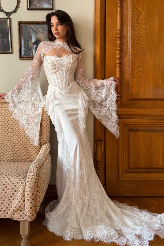 Lace Bell Sleeve Corset Mermaid Wedding Dress