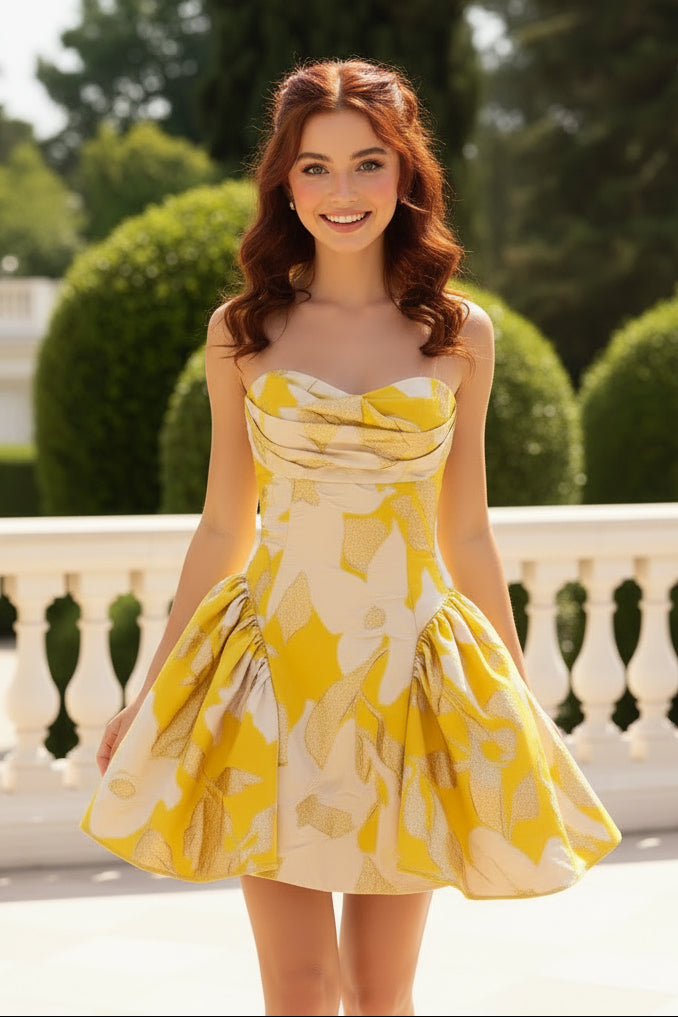 Strapless Jacquard Mini Dress with Basques Waist