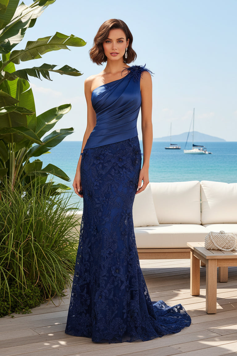 One-Shoulder Pleated Satin and Lace Trumpet Gown