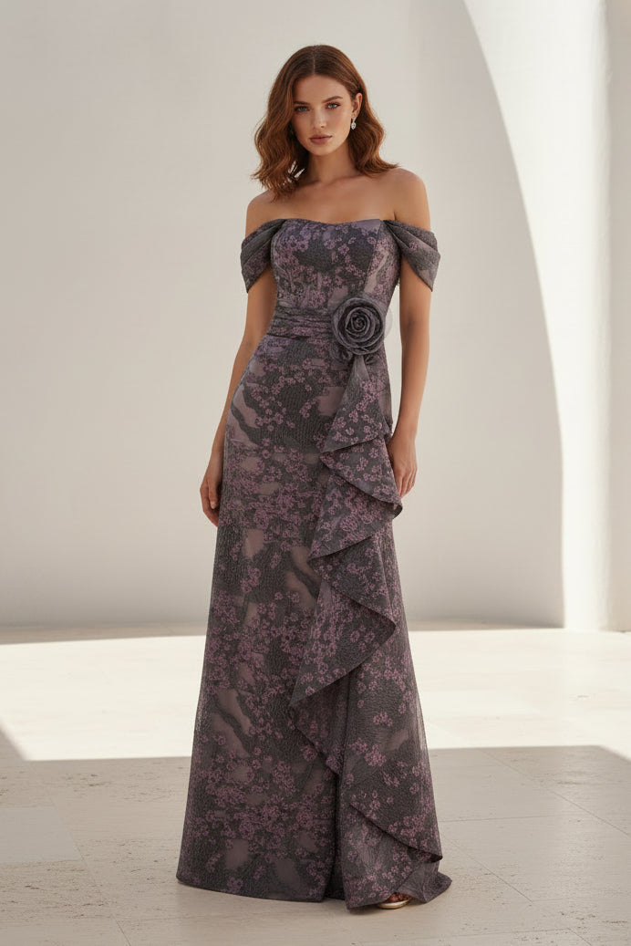 Off-the-Shoulder Floral Evening Gown with Cascading Ruffle