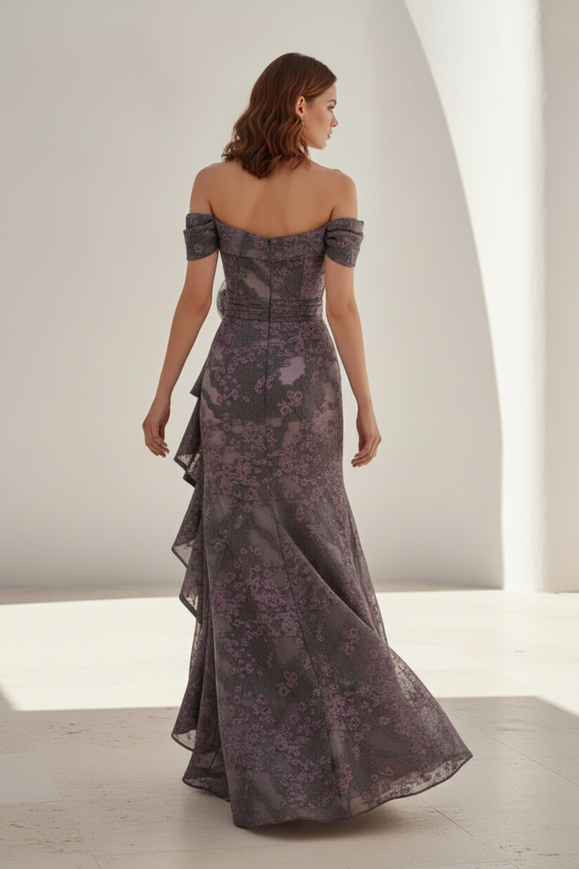 Off-the-Shoulder Floral Evening Gown with Cascading Ruffle