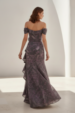 Off-the-Shoulder Floral Evening Gown with Cascading Ruffle