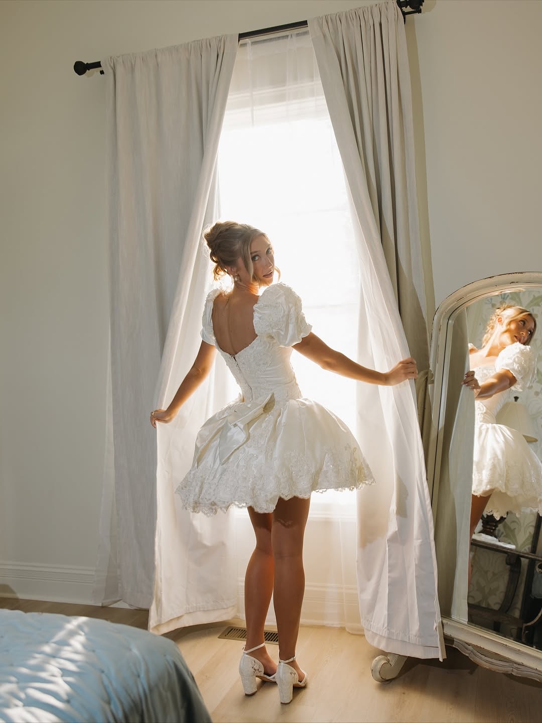 Puff Sleeve Bubble Skirt Mini Bridal Dress