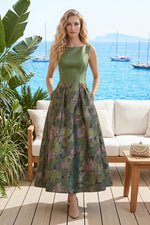 Floral Jacquard A-Line Midi Dress with Pockets