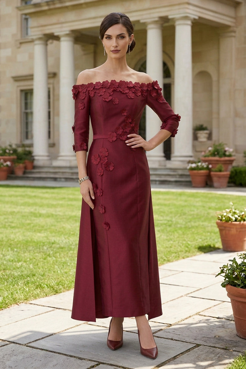 Off-the-Shoulder 3D Floral Column Dress