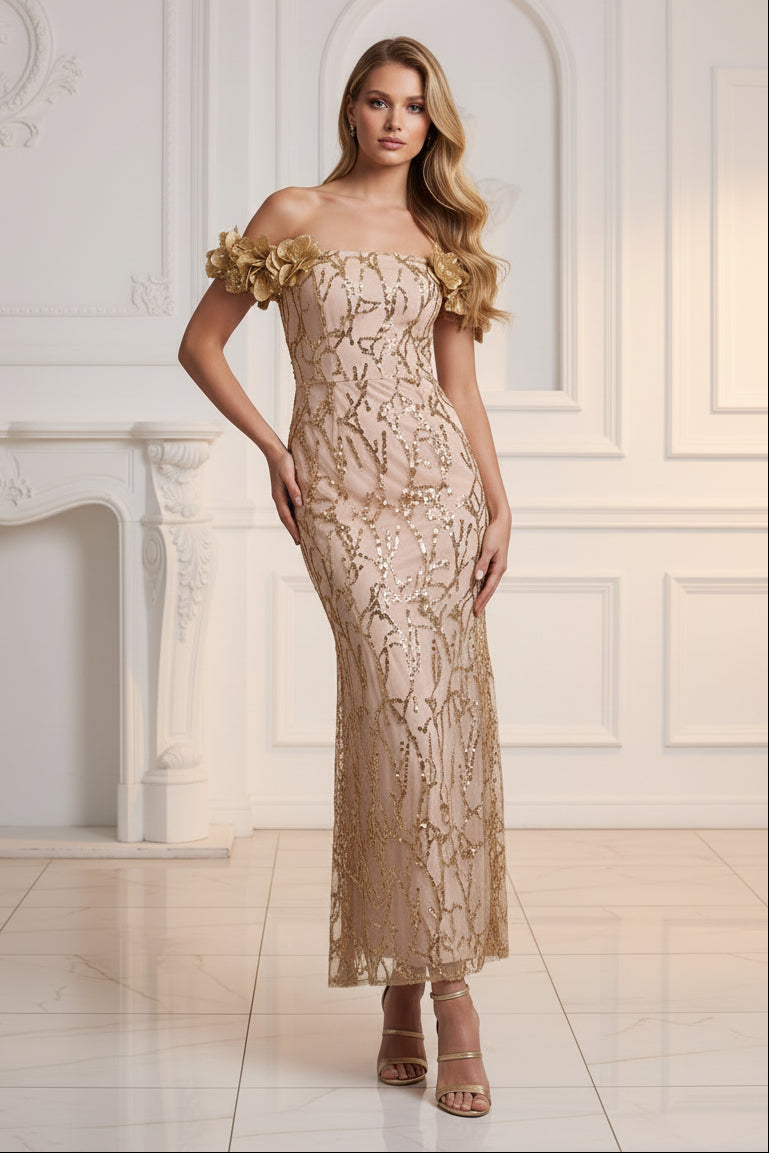 Off-the-Shoulder 3D Floral Sequin Column Dress