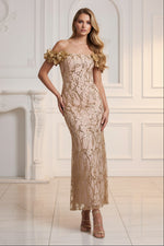 Off-the-Shoulder 3D Floral Sequin Column Dress