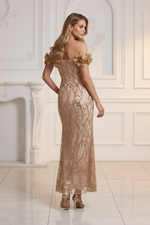 Off-the-Shoulder 3D Floral Sequin Column Dress
