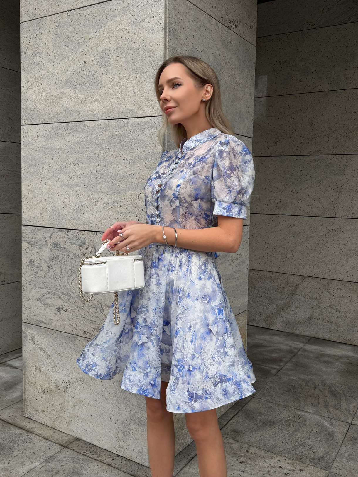 High-Neck Floral Organza A-Line Dress
